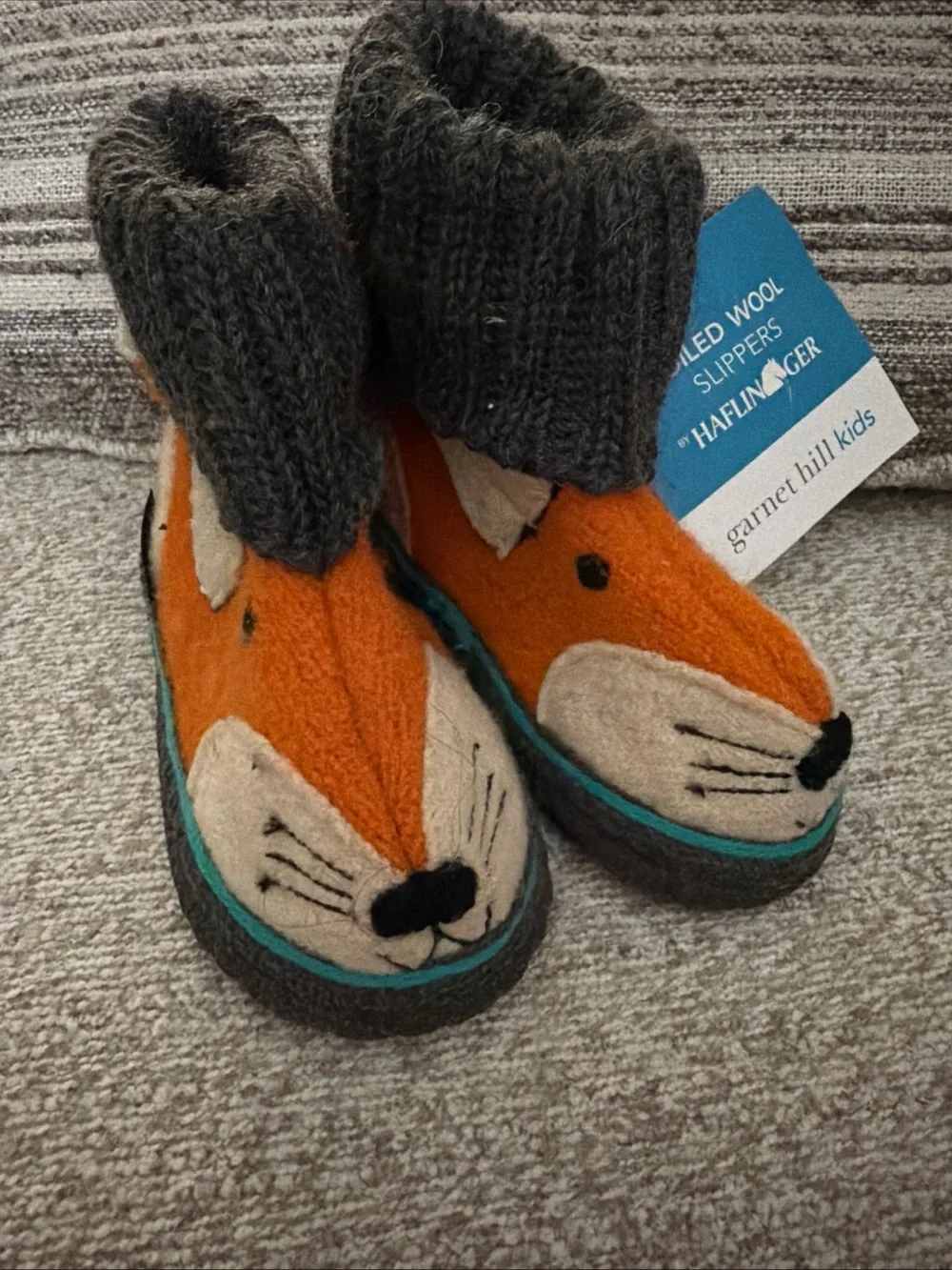 Garnet Hill Orange Fox Felted Wool Kids Slippers with Gray Knit Cuffs